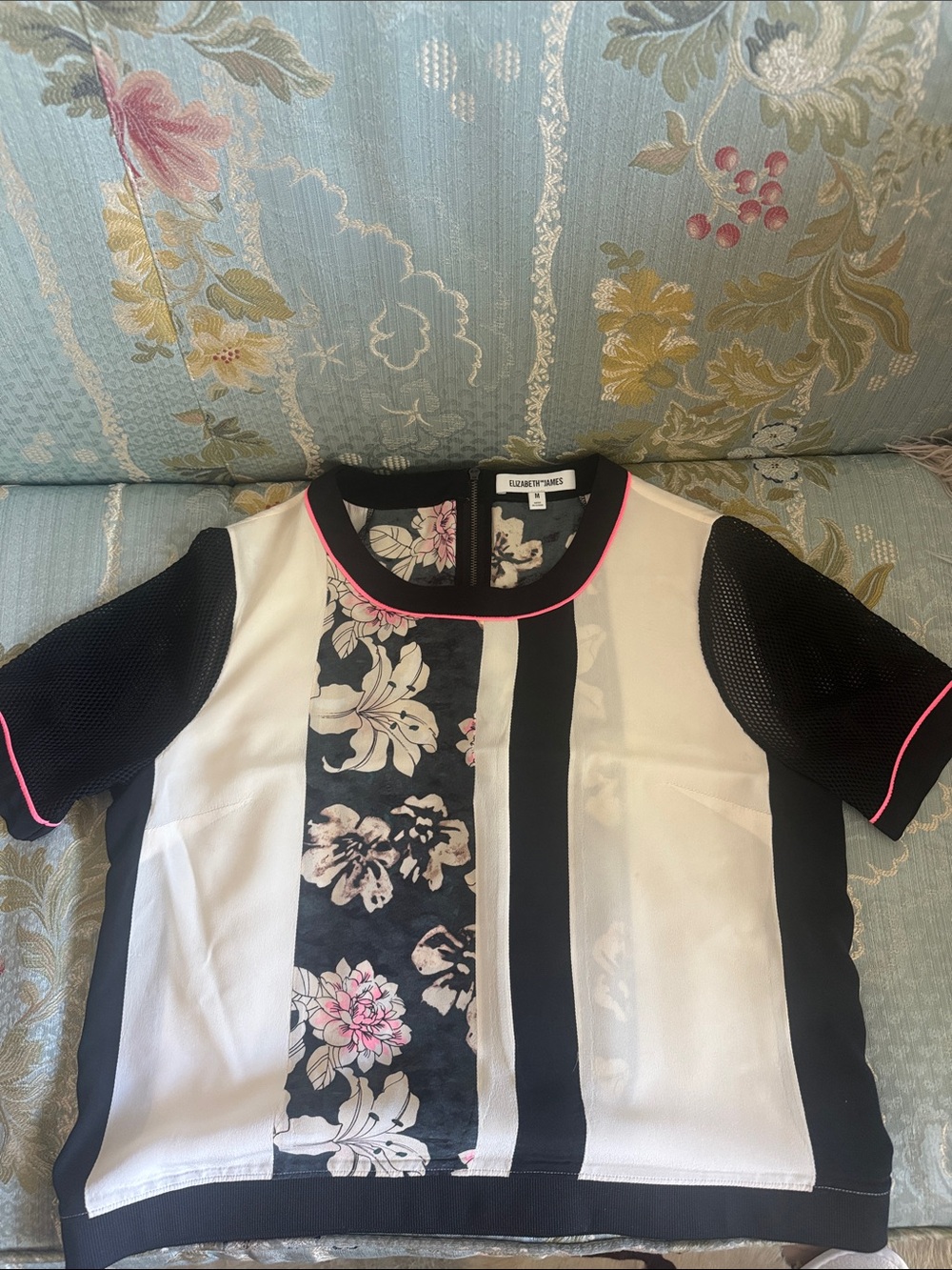 Elizabeth and James Black, White & Pink Floral Paneled Short Sleeve Top